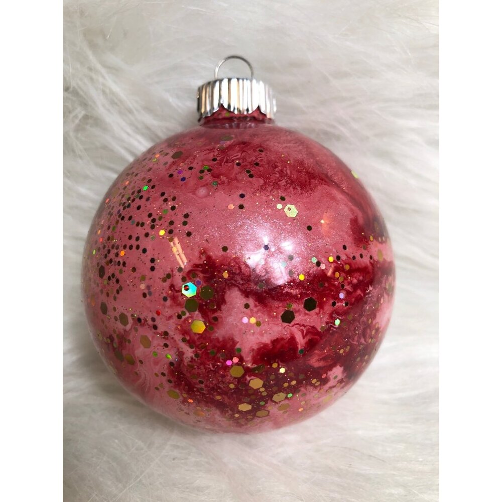 Christmas Ornament Red & Pink Swirl Globe Hand-Painted Marbled Glitter